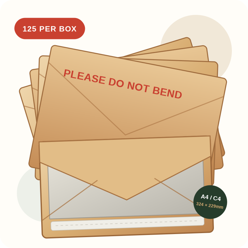 Illustration of A4 manilla board backed envelopes printed Please Do Not Bend
